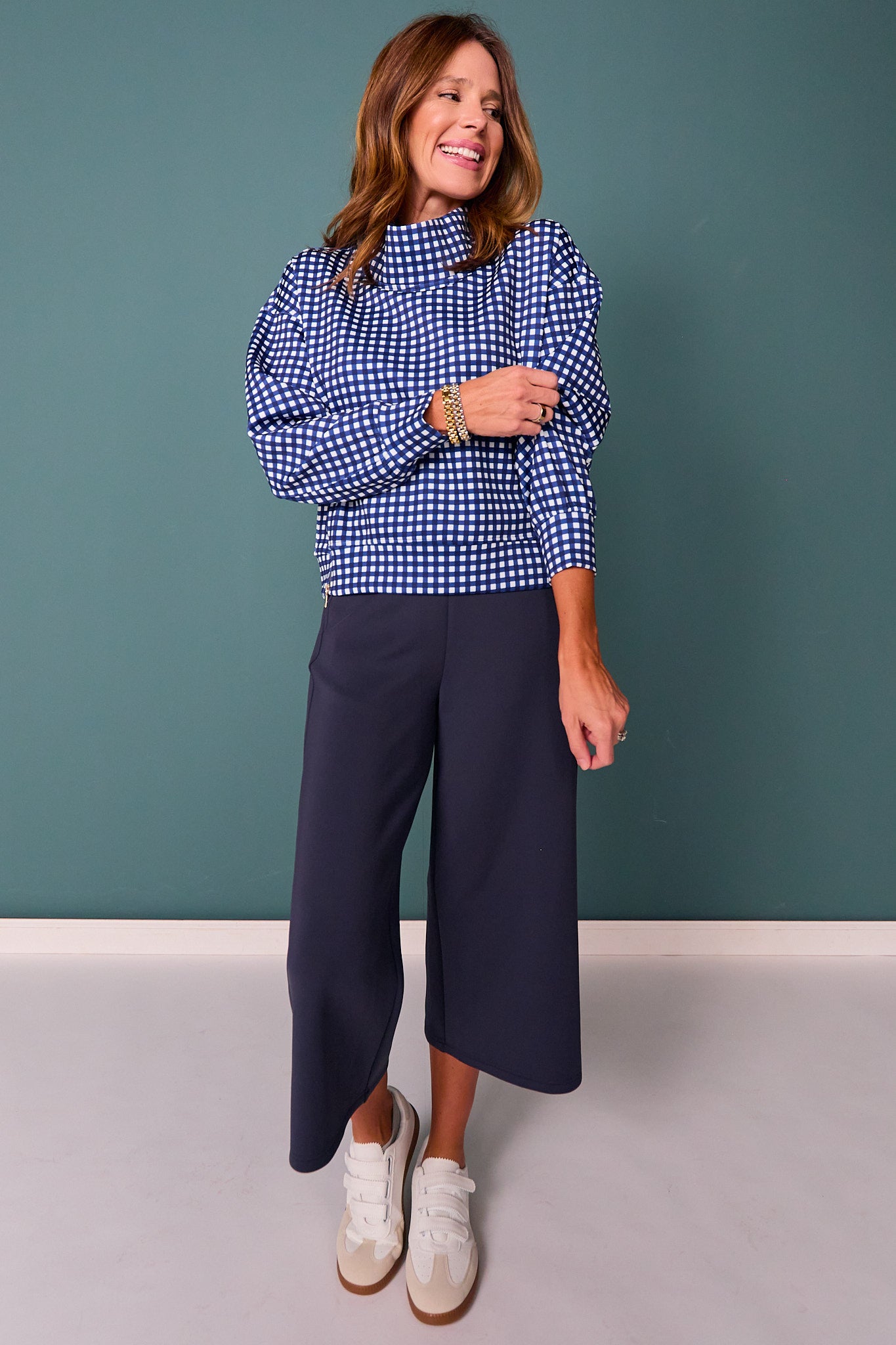 *PRE-ORDER ETA DEC* SSYS Gigi Scuba Mock Neck Cropped Pullover In Navy Gingham *FINAL SALE*