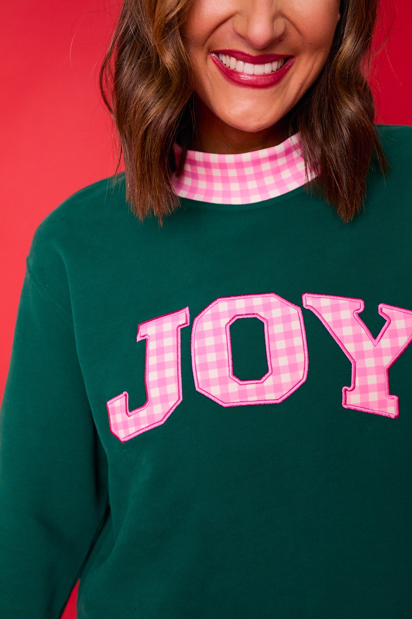 SSYS Joy Mock Neck Sweatshirt In Hunter with Pink Gingham