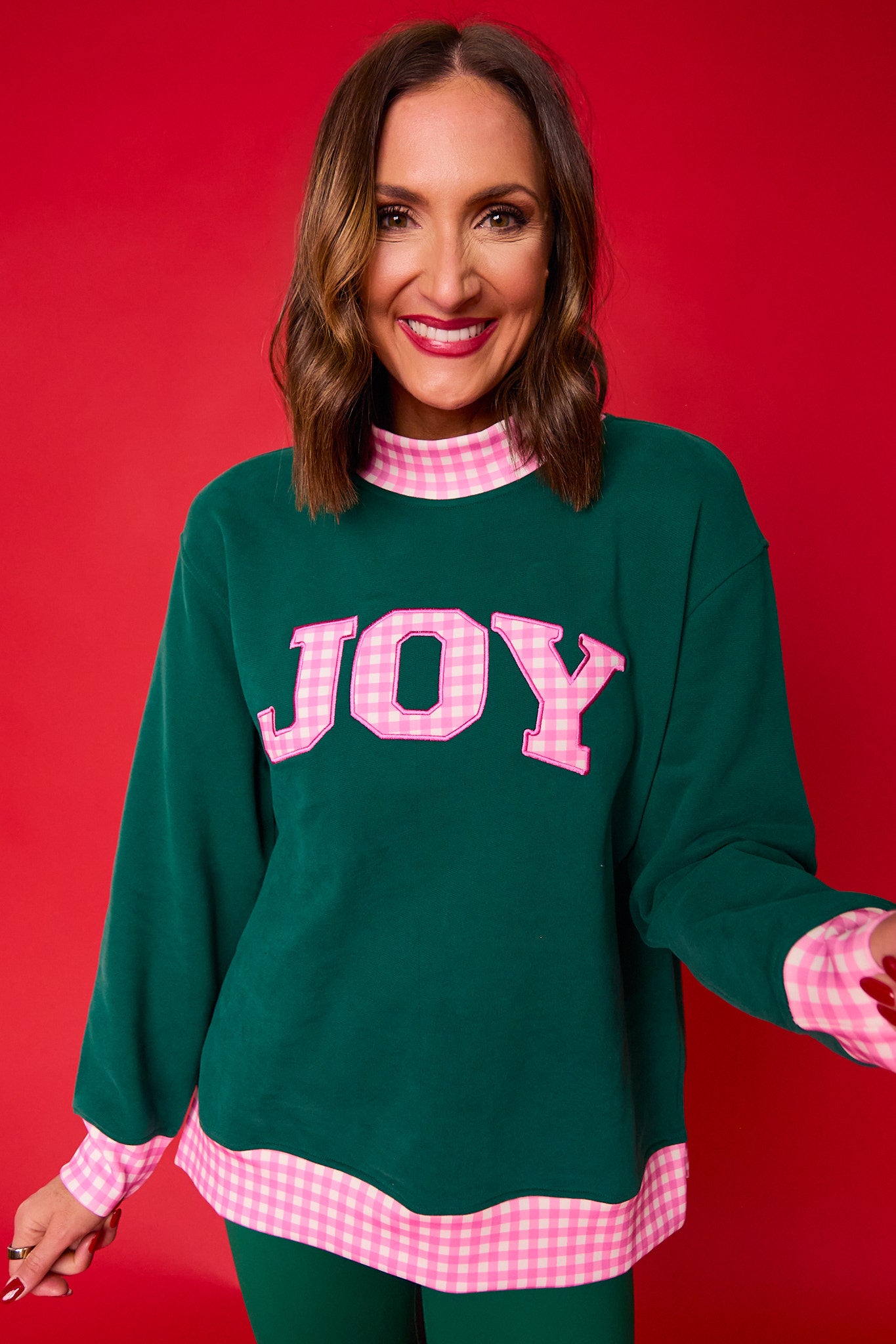 SSYS Joy Mock Neck Sweatshirt In Hunter with Pink Gingham