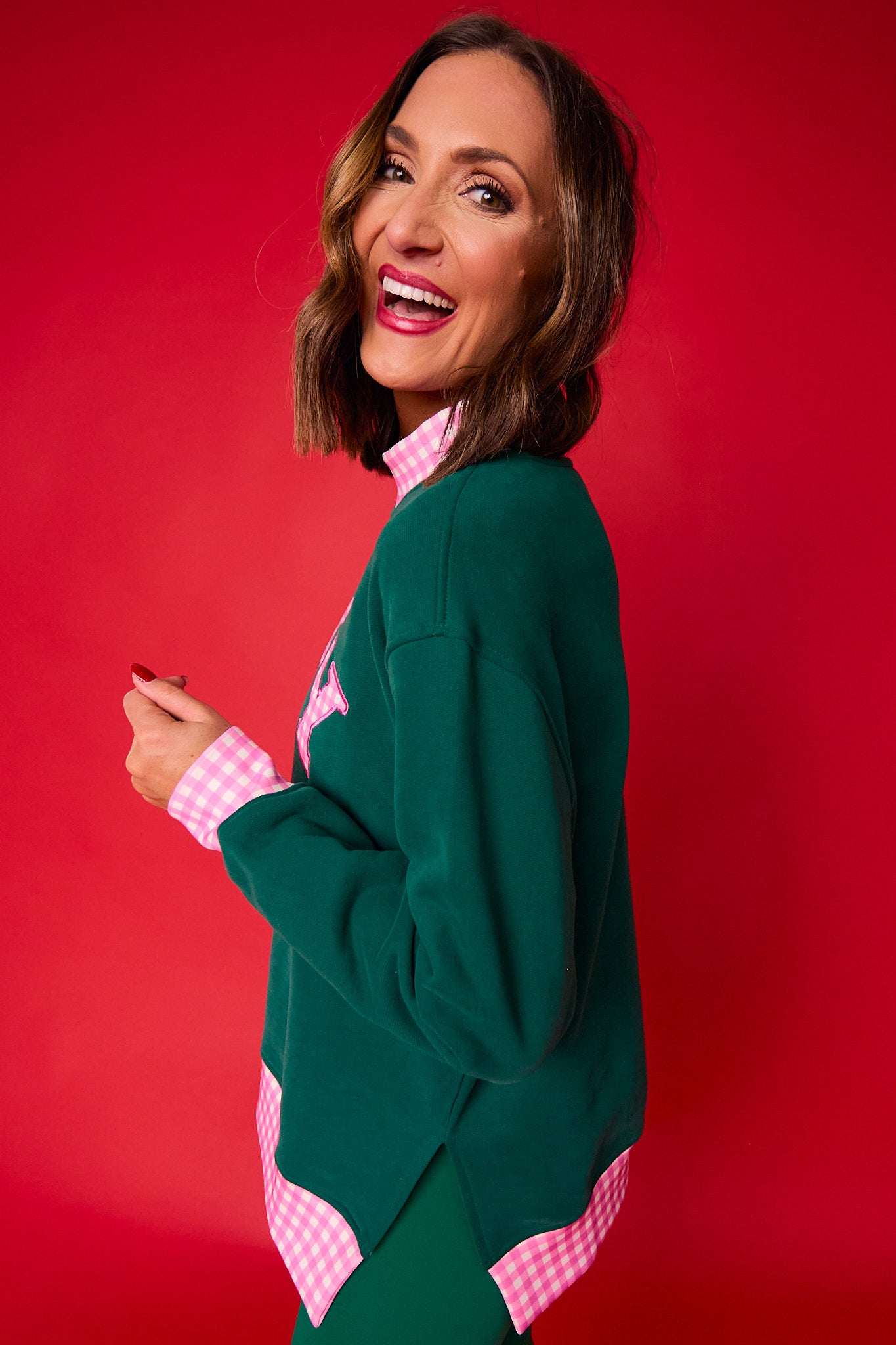 SSYS Joy Mock Neck Sweatshirt In Hunter with Pink Gingham