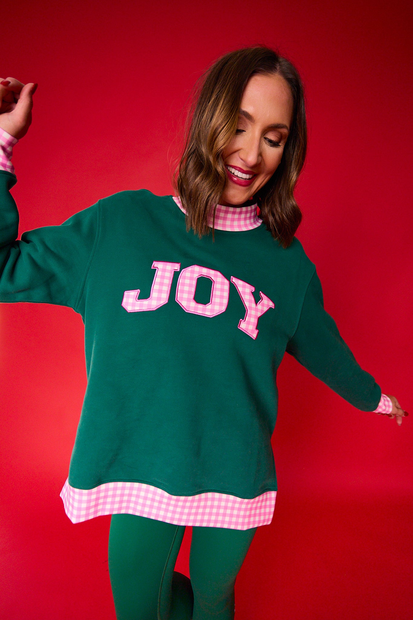 SSYS Joy Mock Neck Sweatshirt In Hunter with Pink Gingham