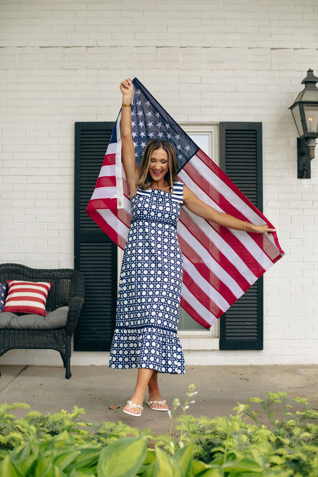 SSYS Kenna Bow Shoulder Strap Ruffle Bottom Maxi Dress in Navy Cane
