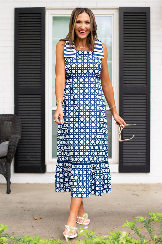 SSYS Kenna Bow Shoulder Strap Ruffle Bottom Maxi Dress in Navy Cane