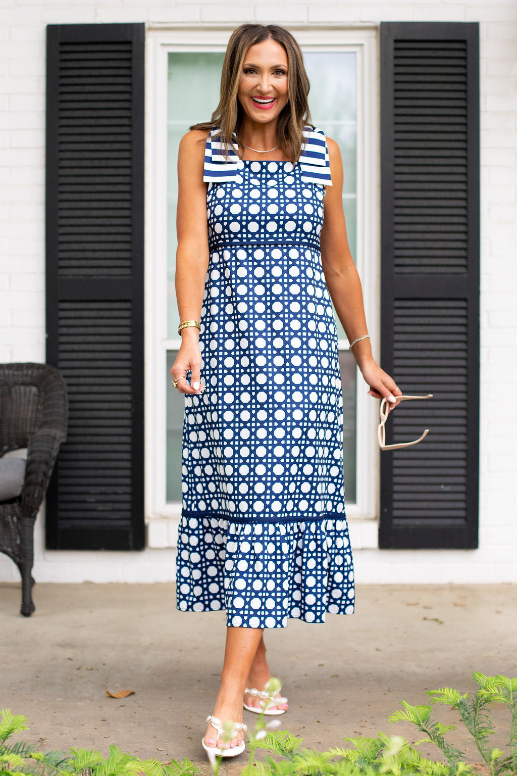 SSYS Kenna Bow Shoulder Strap Ruffle Bottom Maxi Dress in Navy Cane