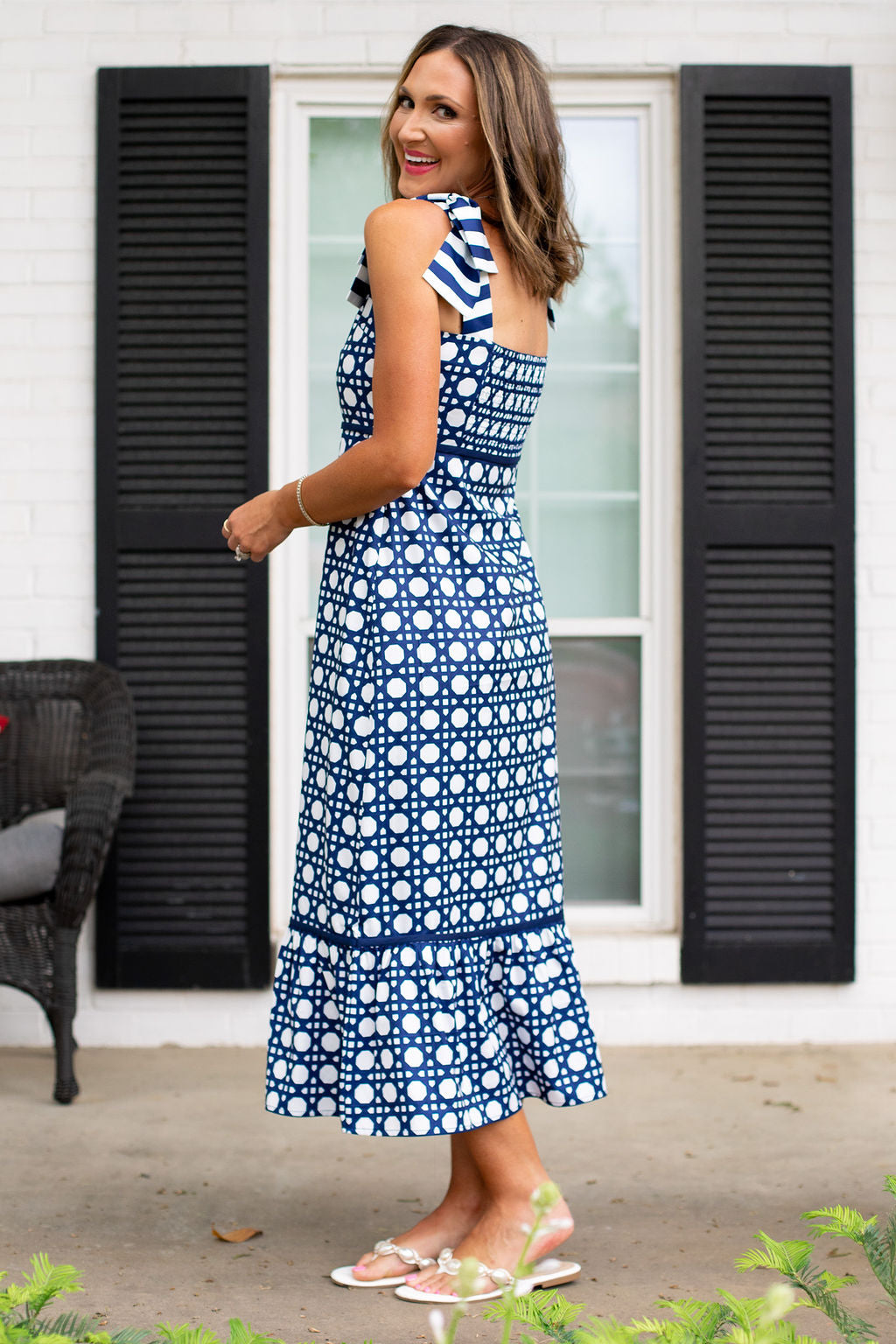 SSYS Kenna Bow Shoulder Strap Ruffle Bottom Maxi Dress in Navy Cane