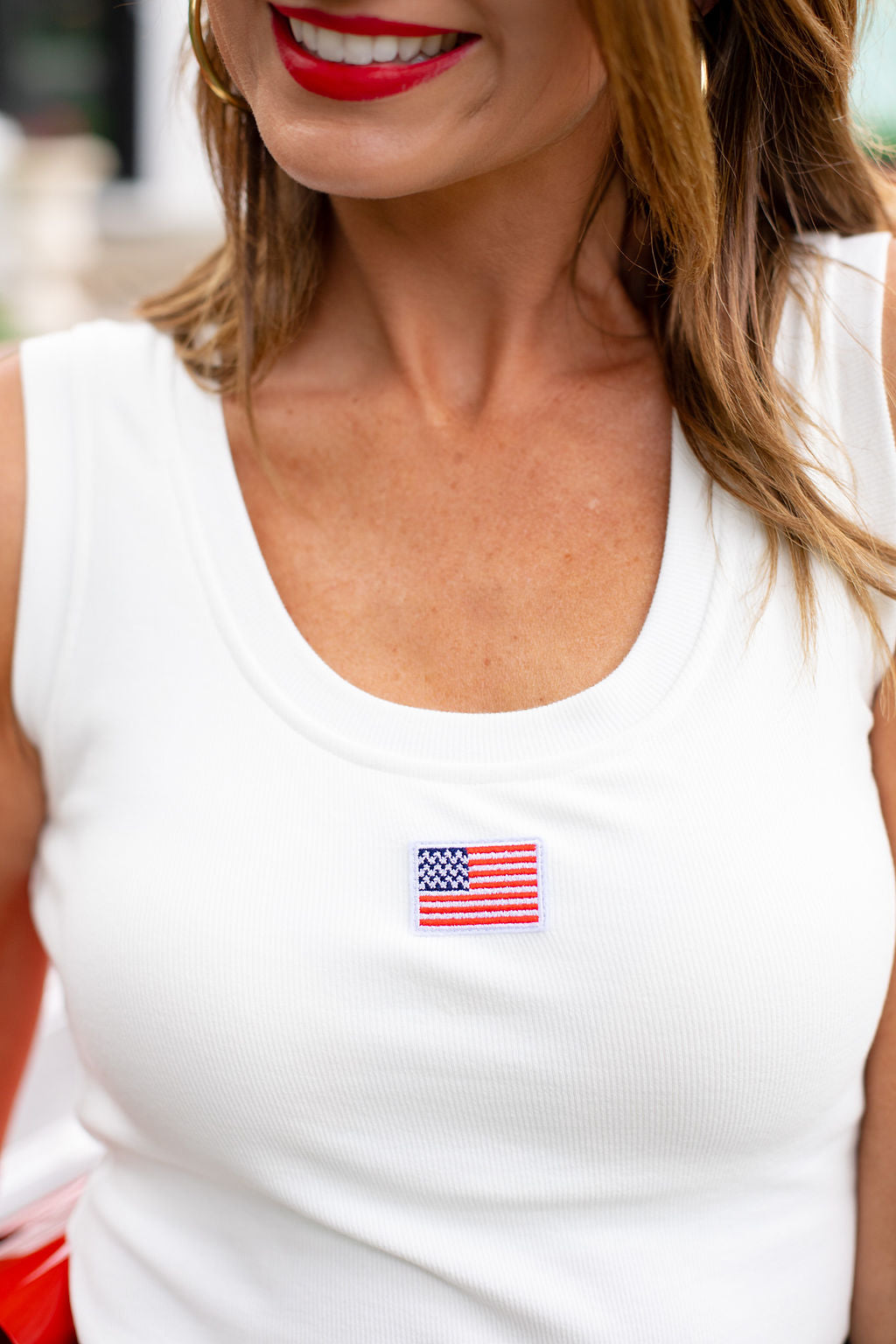 SSYS Signature U Line Built In Bra Tank Top In White with Flag Embellishment