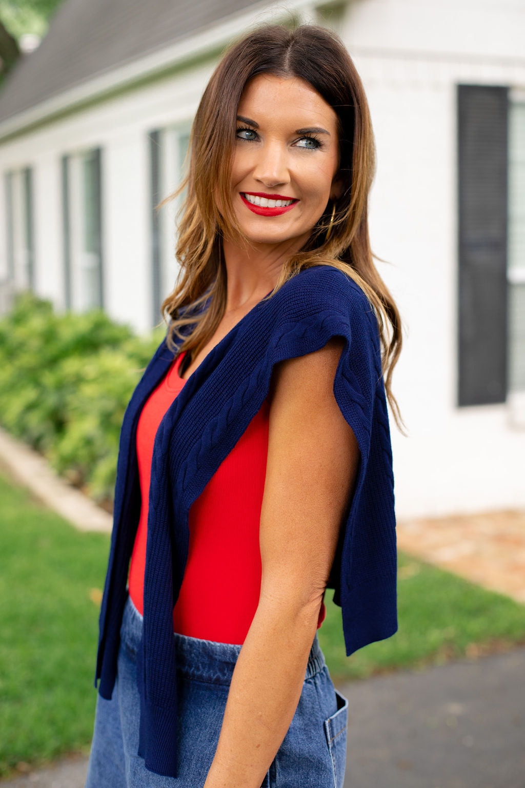SSYS Polly Over The Shoulder Cable Knit Sweater In Navy
