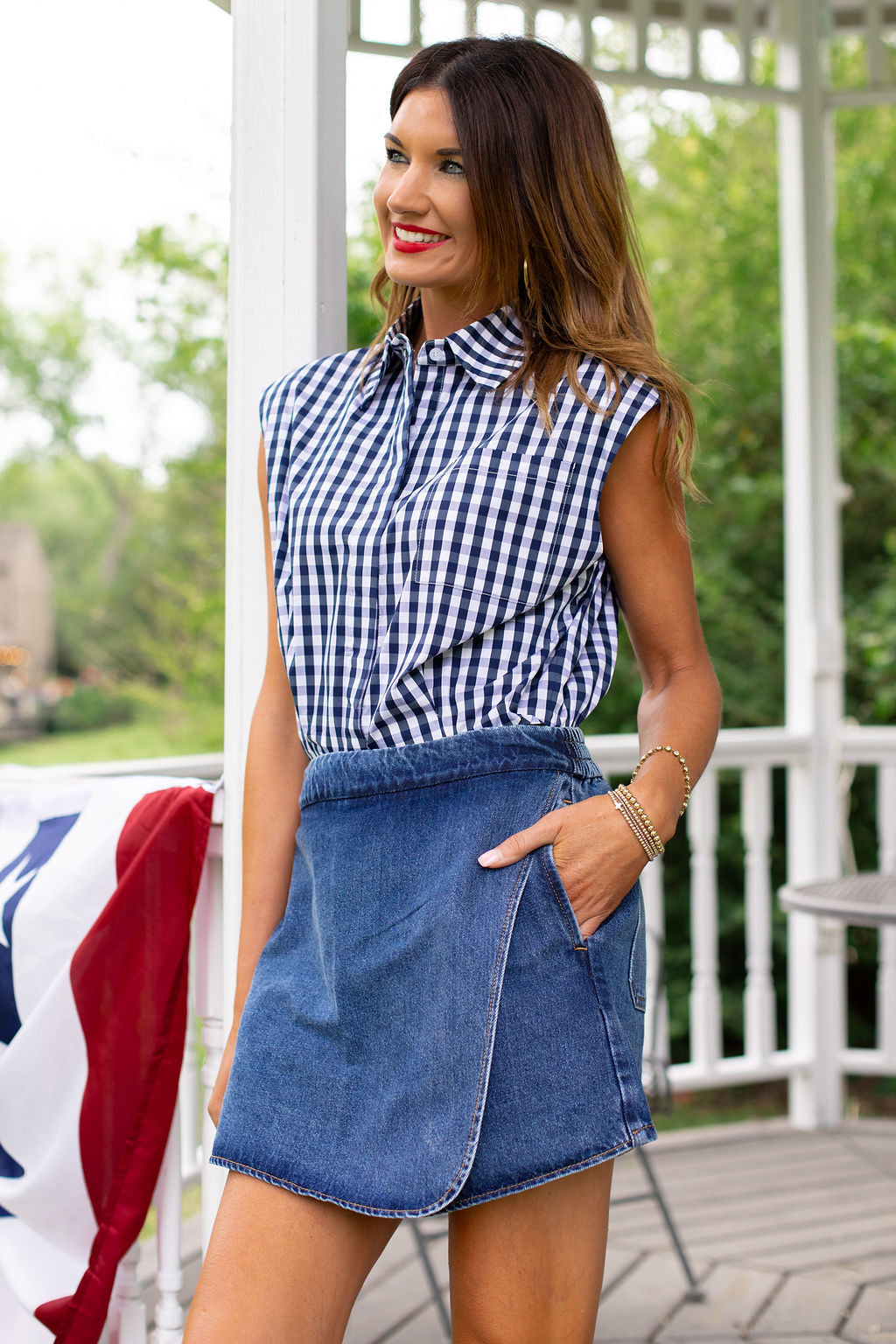 SSYS Juliette Navy Gingham Poplin Cap Sleeve Button Down Top