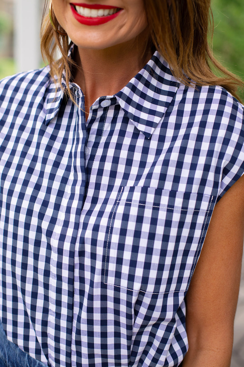 SSYS Juliette Navy Gingham Poplin Cap Sleeve Button Down Top