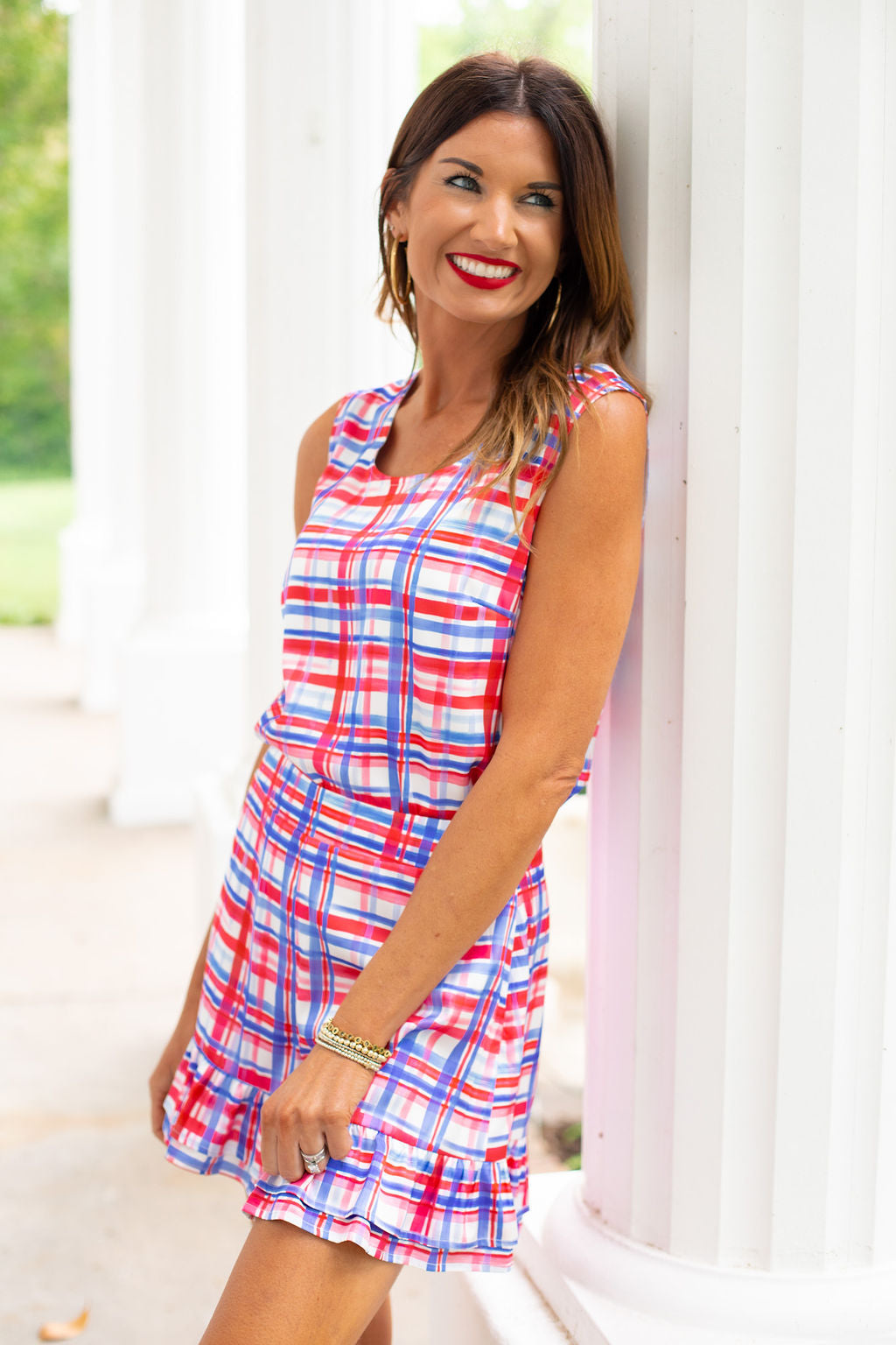 SSYS Montana Sleeveless Satin Ruffle Shorts Set In Heritage Plaid