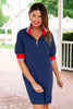 SSYS Lynlee Red and Baby Blue Contrast Polo Shift Dress In Navy