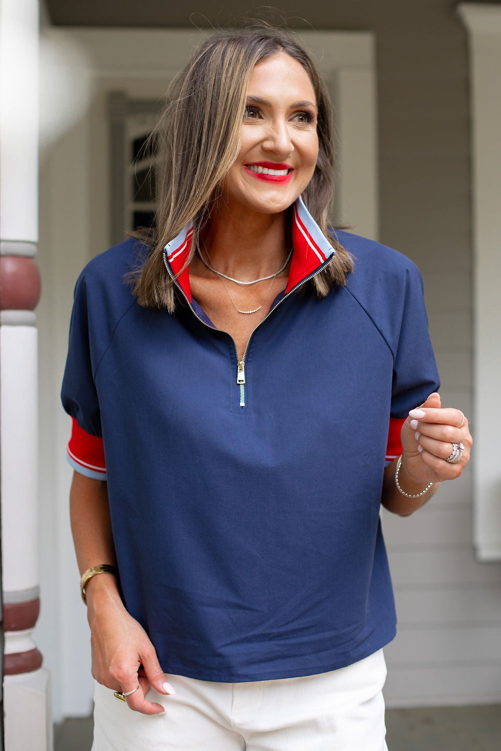 SSYS Lowen Knit Trim Contrast Poplin Polo Top In Navy