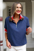 SSYS Lowen Knit Trim Contrast Poplin Polo Top In Navy