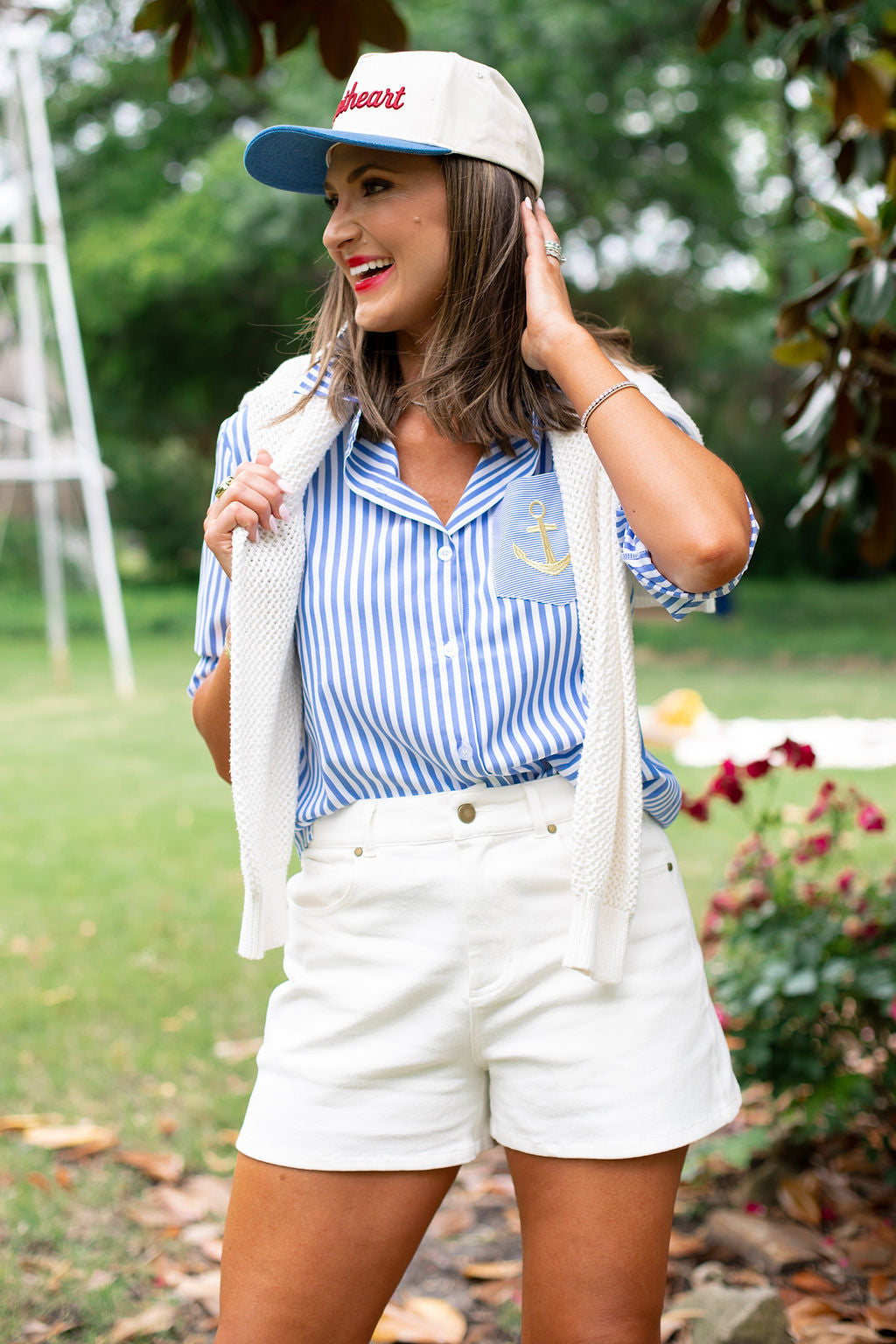 SSYS Collette Poplin Stripe Anchor Embroidery Top In Navy