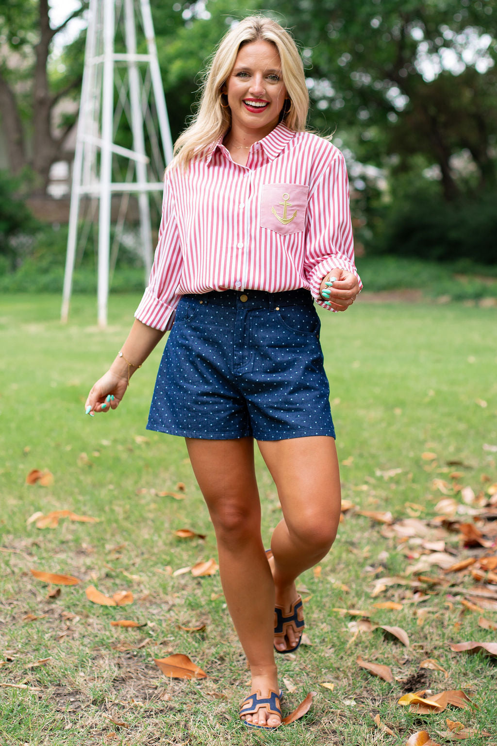 SSYS Collette Poplin Stripe Anchor Embroidery Top In Red