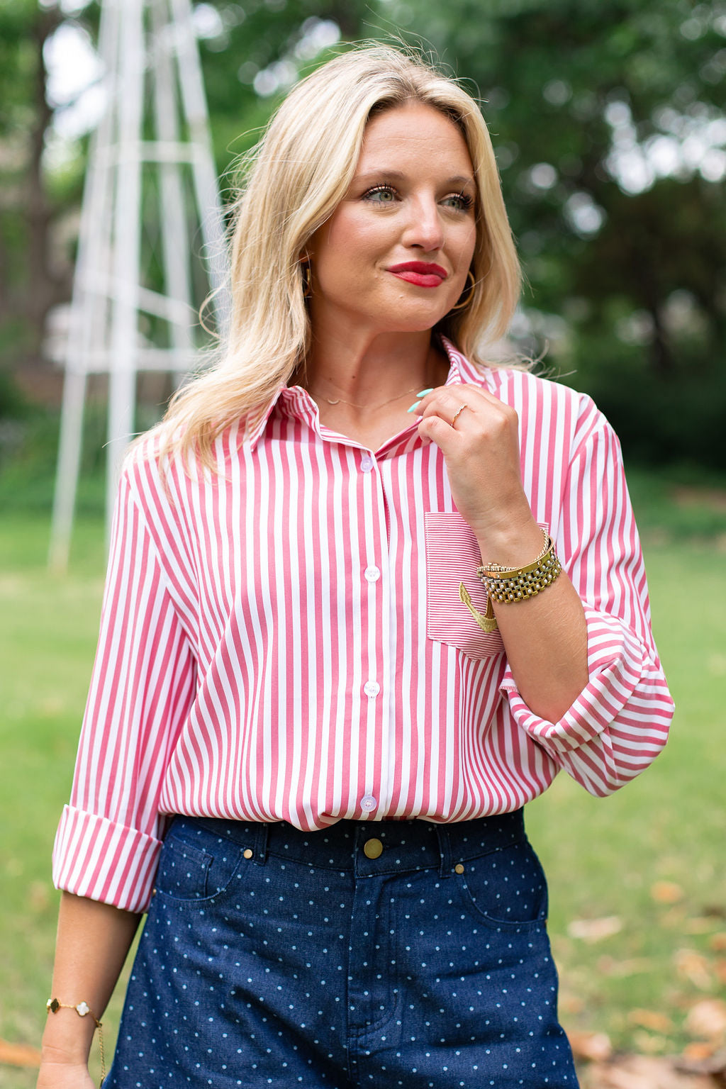 SSYS Collette Poplin Stripe Anchor Embroidery Top In Red