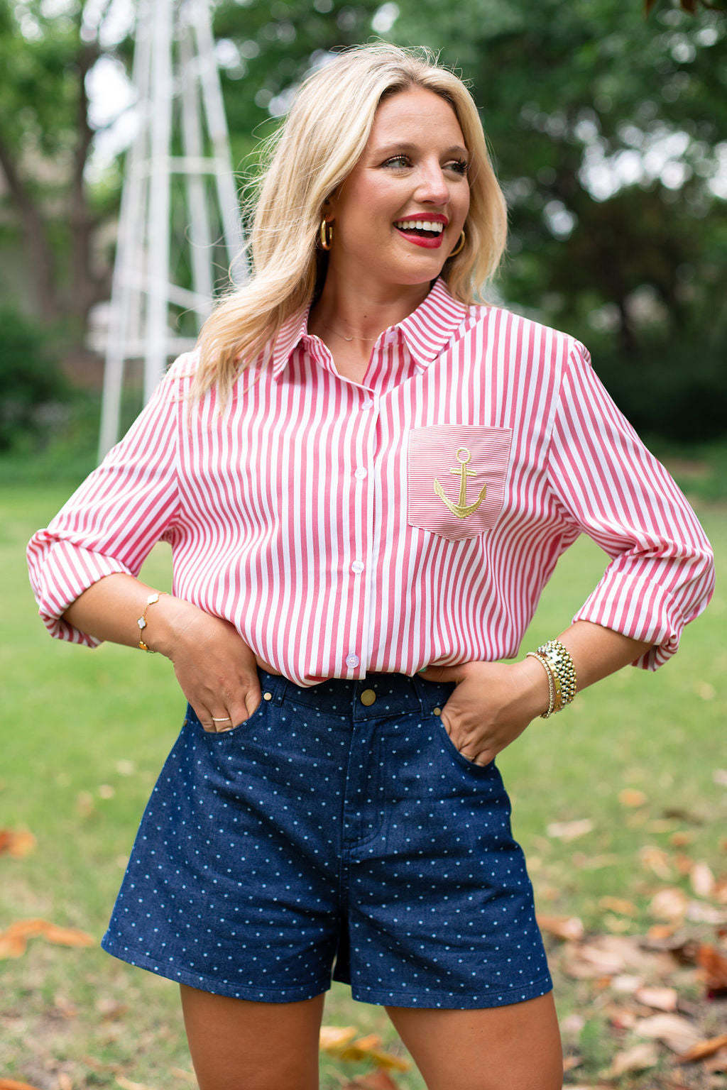 SSYS Collette Poplin Stripe Anchor Embroidery Top In Red