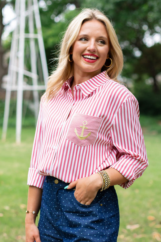 SSYS Collette Poplin Stripe Anchor Embroidery Top In Red