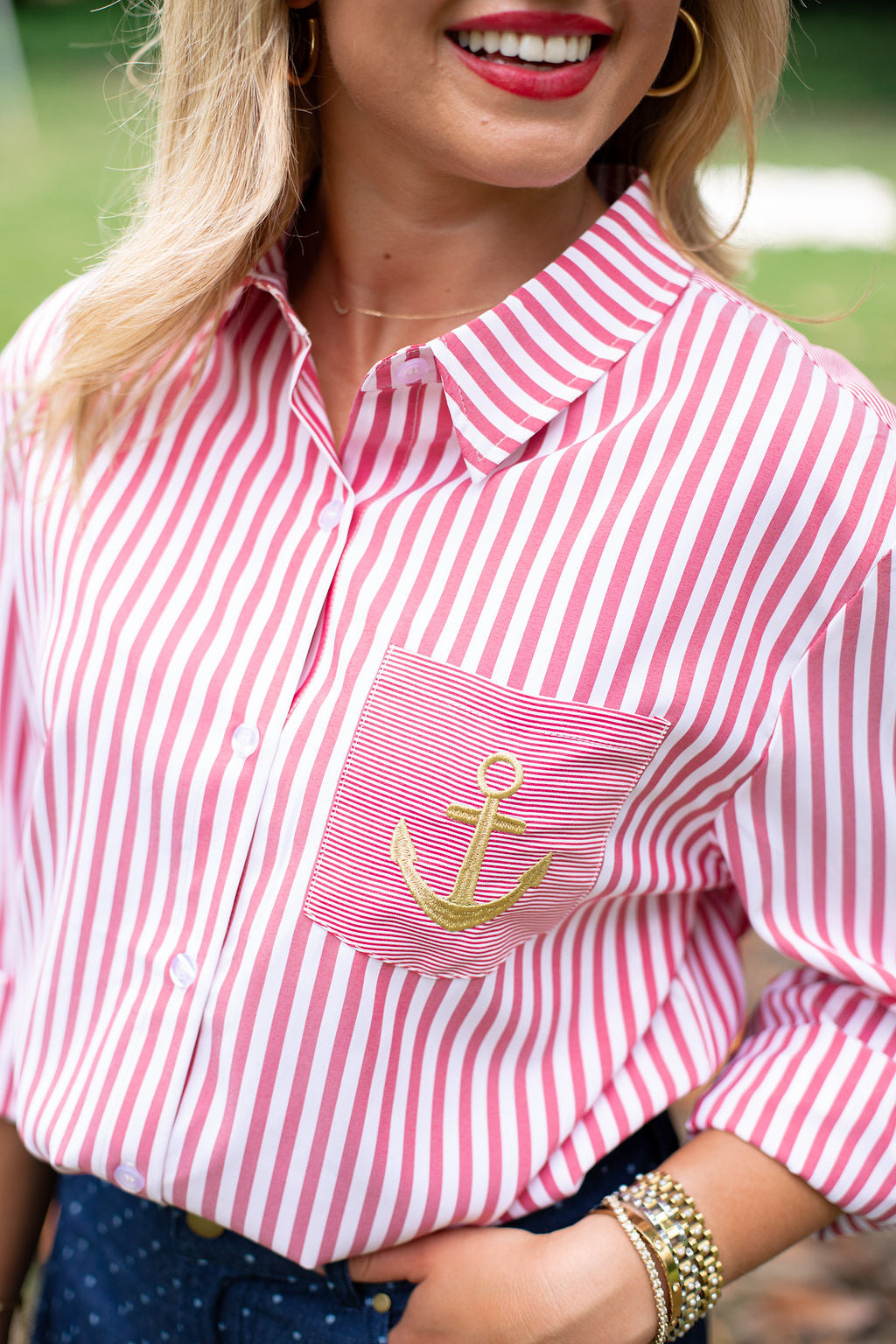 SSYS Collette Poplin Stripe Anchor Embroidery Top In Red