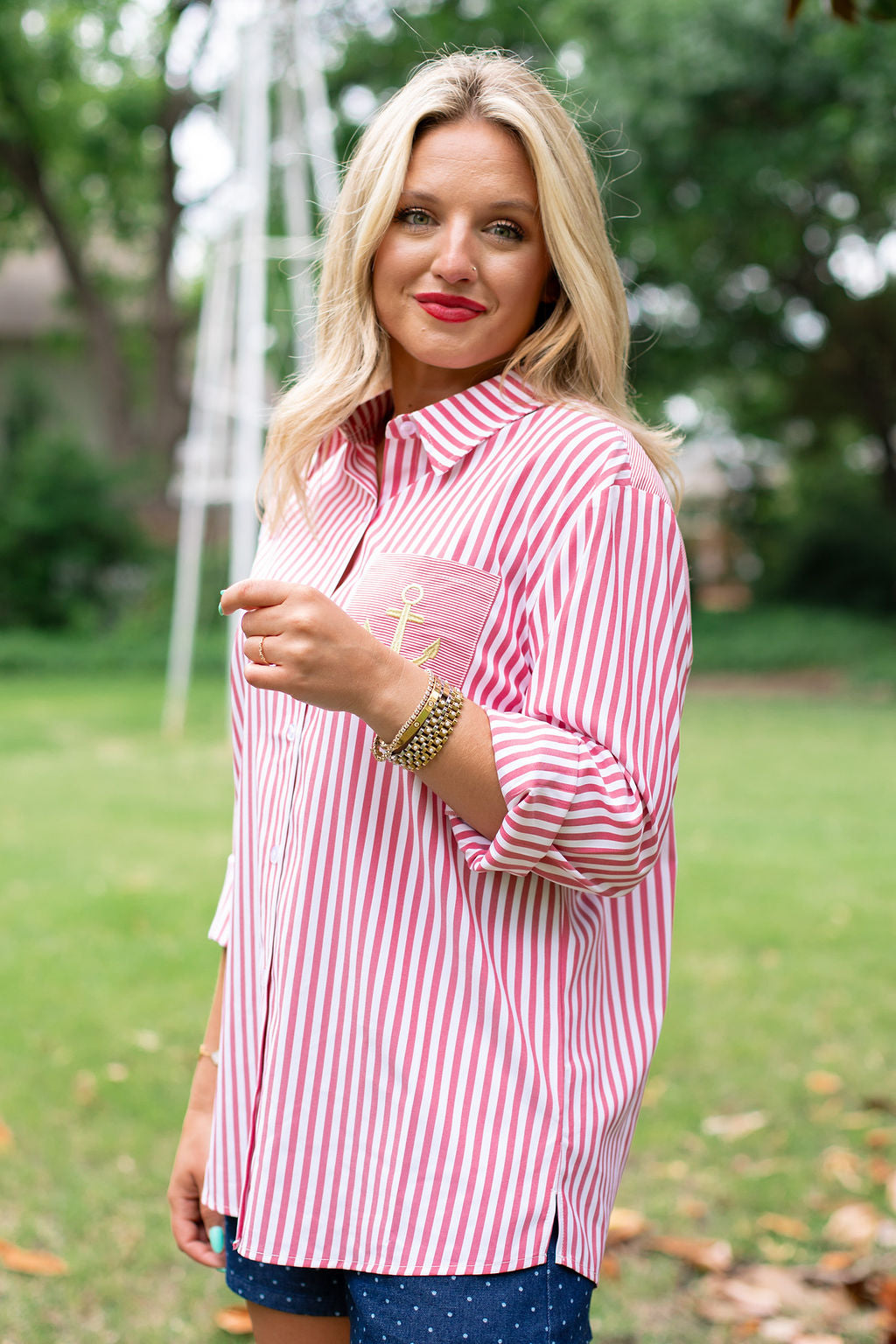 SSYS Collette Poplin Stripe Anchor Embroidery Top In Red