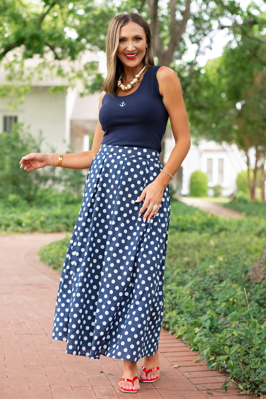 SSYS Cassidy Polka Dot Pleated Maxi Skirt In Navy