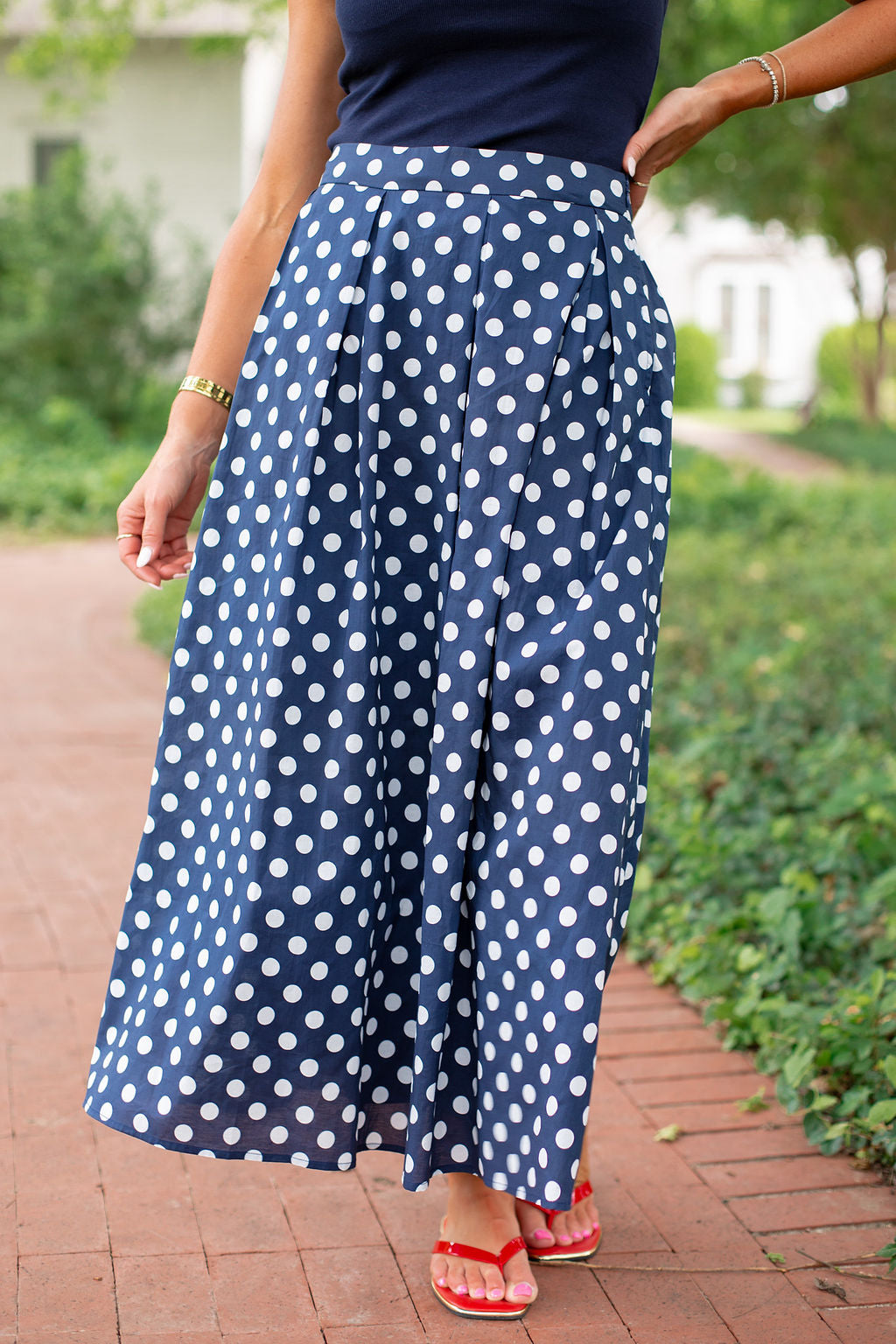 SSYS Cassidy Polka Dot Pleated Maxi Skirt In Navy