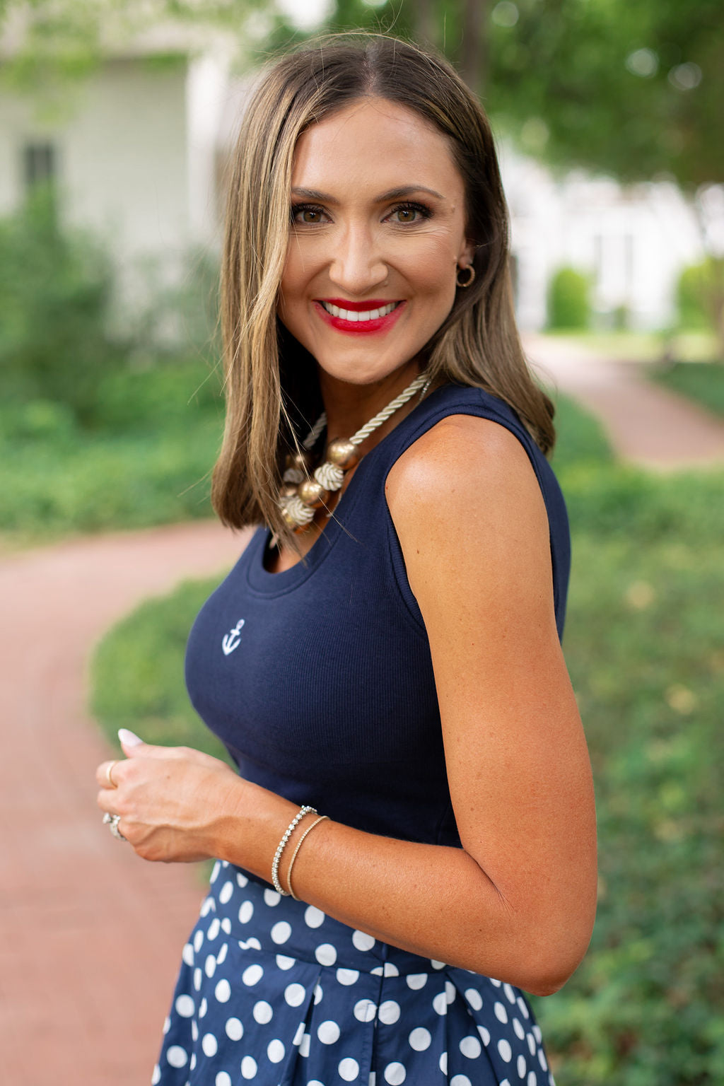 SSYS Signature U Line Built In Bra Tank Top In Navy with Anchor Embellishment