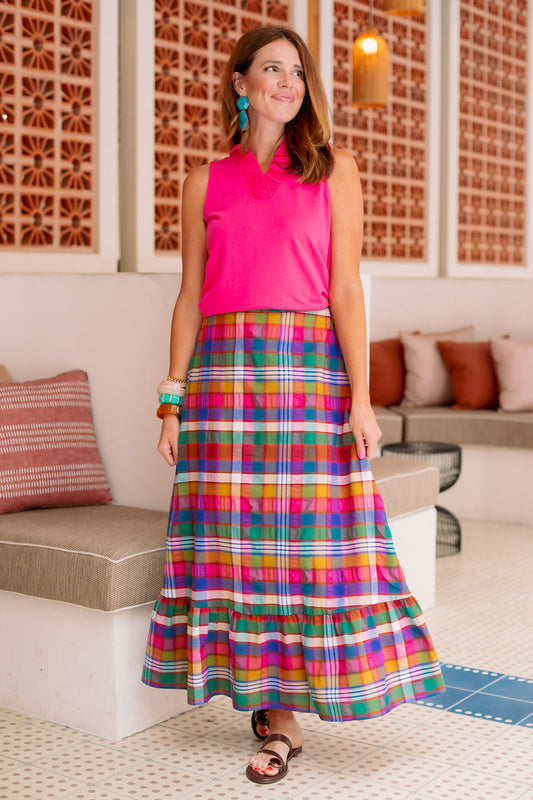 SSYS Daisy One Tier Bright Multi Madras Maxi Skirt