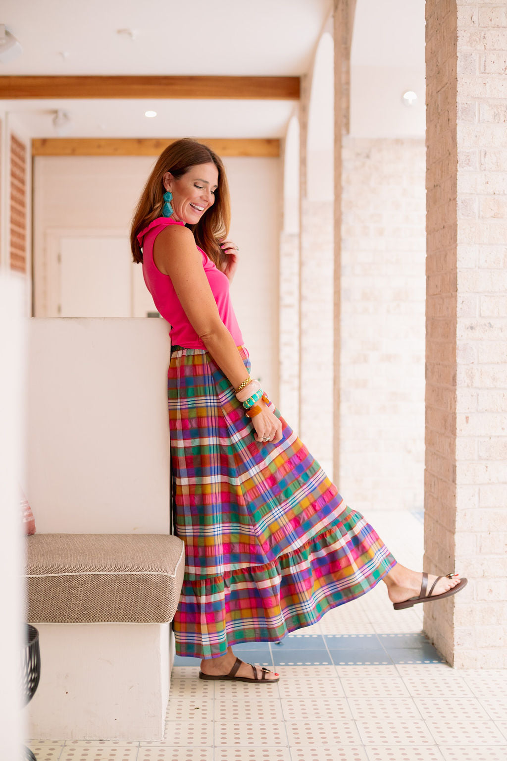 SSYS Daisy One Tier Bright Multi Madras Maxi Skirt