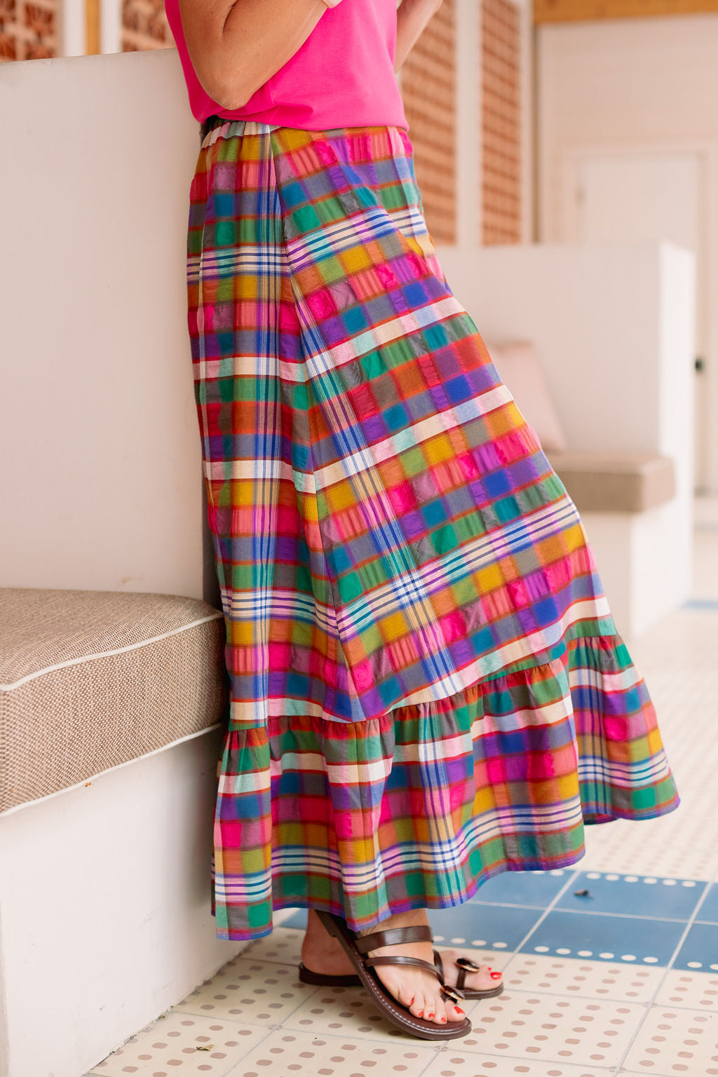 SSYS Daisy One Tier Bright Multi Madras Maxi Skirt