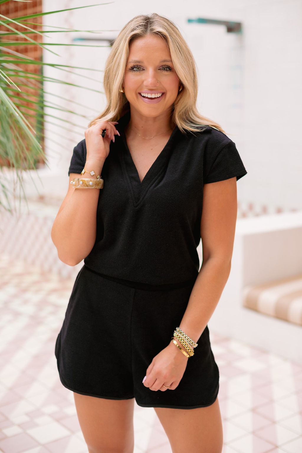 SSYS Lorie Terry V Neck Short Sleeve Top and Shorts Set In Black *FINAL SALE*