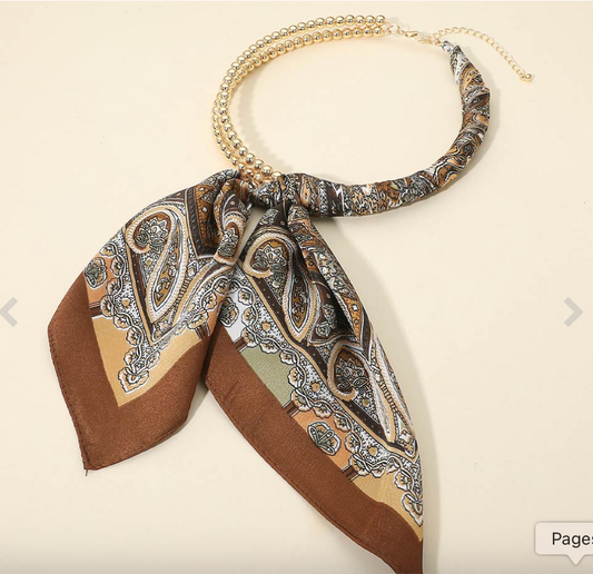 Brown Paisley Gold Beaded Wrap Scarf Necklace