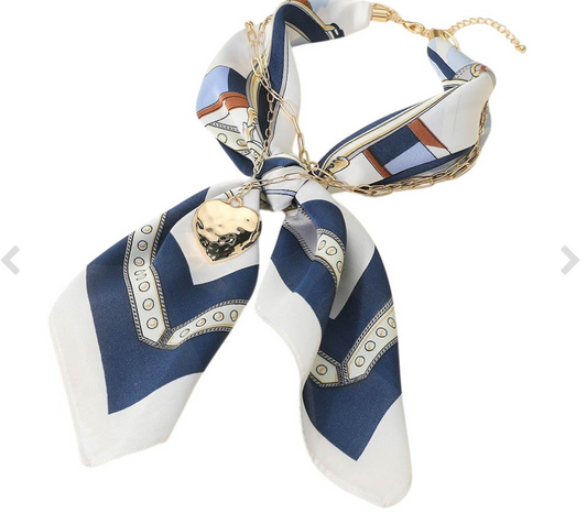 Navy Scarf Gold Heart Chain Layered Necklace