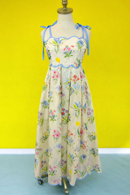 Cream Floral Print Tie Shoulder Contrast Scallop Edge Midi Dress *FINAL SALE*