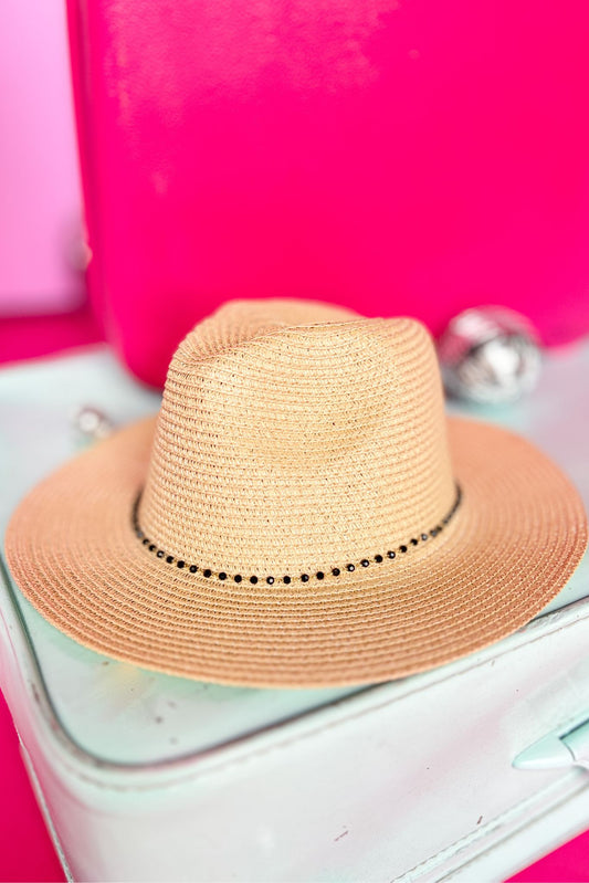 Beige Beaded Chin Tie Straw Sun Hat