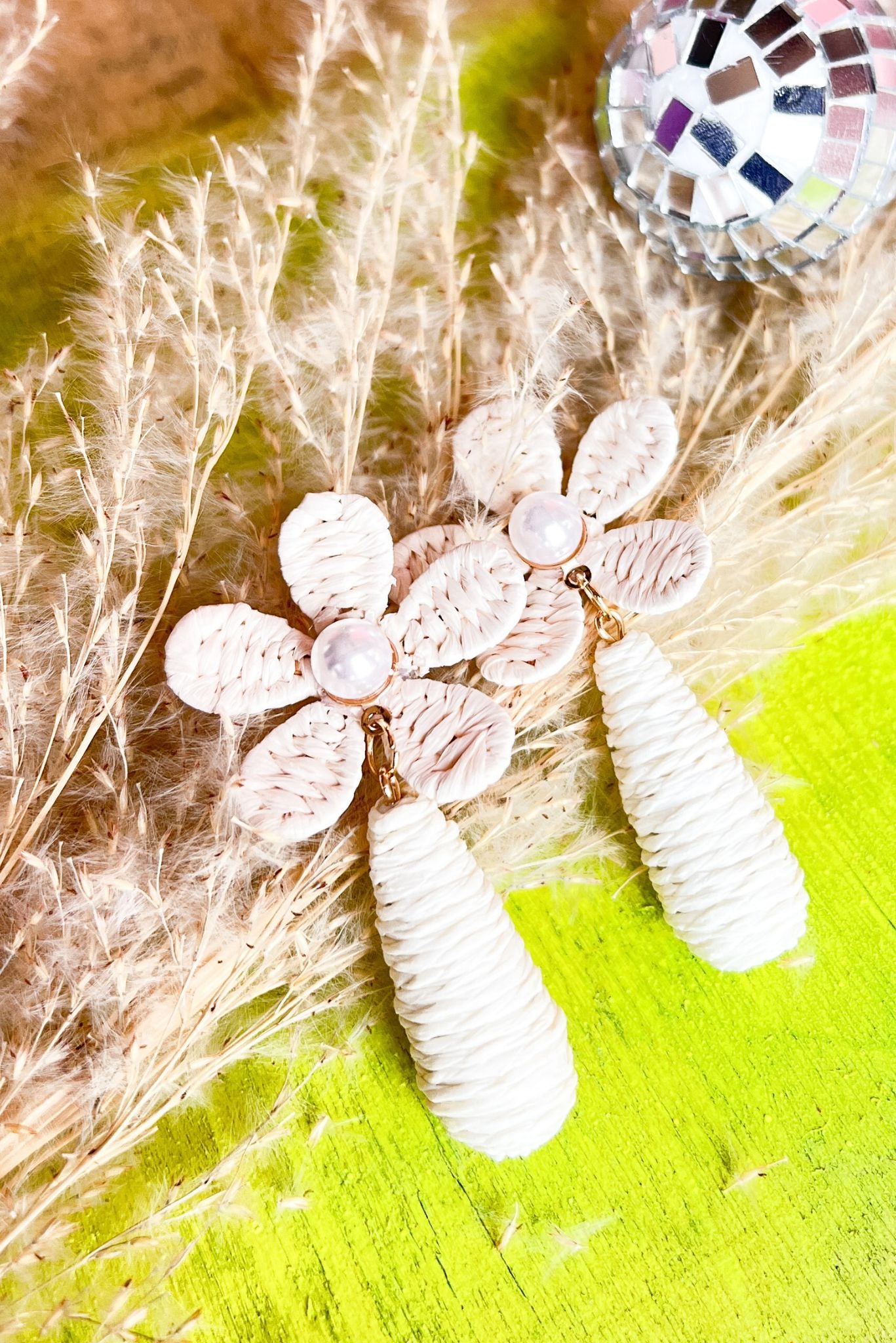 Ivory Flower Pearl Detail Rattan Earrings, accessory, earrings, flower earrings, rattan earrings, must have accessory, elevated accessory, summer accessory, SSYS by Mallory Fitzsimmons