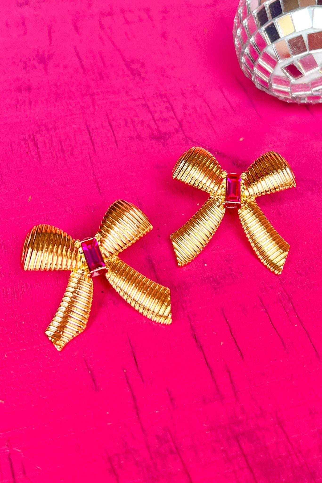 Gold Ribbon Bow Pink Jewel Earrings, earrings, gold earrings, bow earrings, must have accessory, elevated accessory, summer accessory, SSYS by Mallory Fitzsimmons