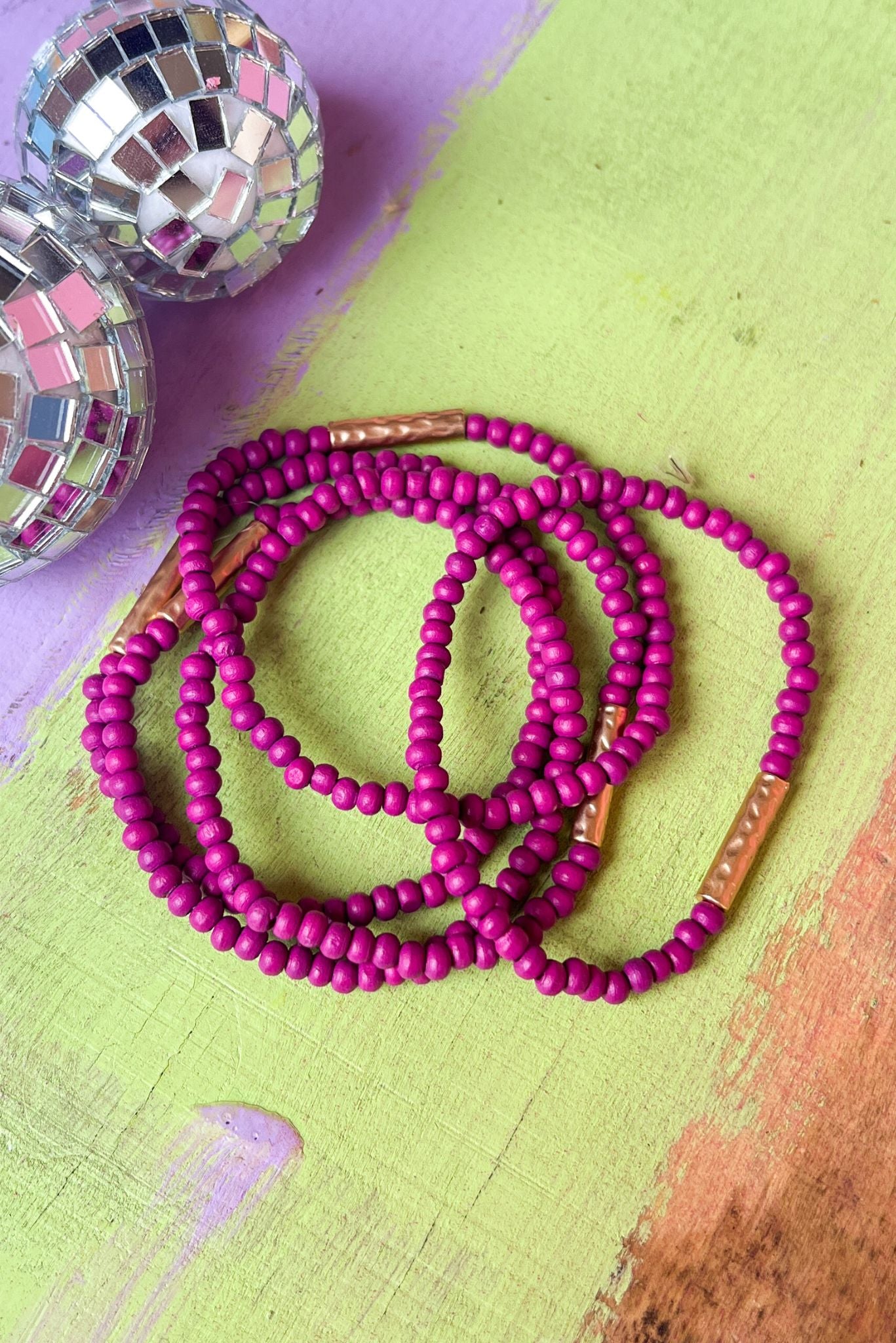 Magenta Metal Bar Wood Bead Bracelet Stack, accessory, bracelet, bracelet stack, must have accessory, elevated accessory, summer accessory, SSYS by Mallory Fitzsimmons