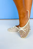 Cream Woven Lattice Mesh Crochet Bow Accent Mules