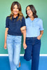 SSYS Bonnie Short Sleeve Ruffle Button Sweater In Navy