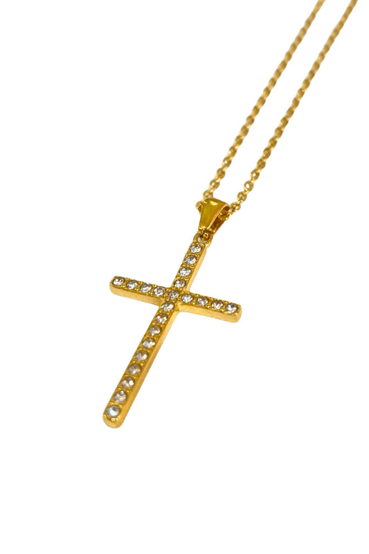 Gold Chain Crystal Cross Charm Necklace