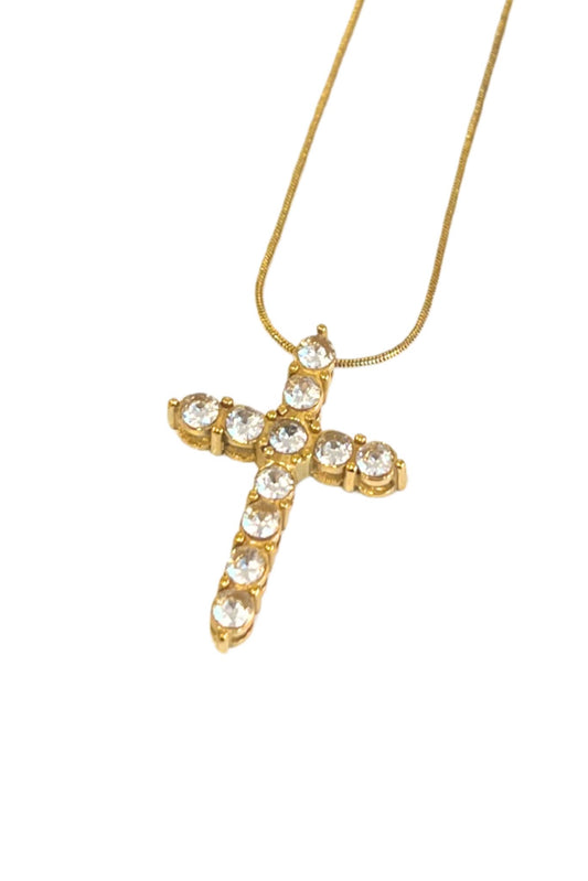 Gold Herringbone Crystal Chunky Cross Charm Necklace