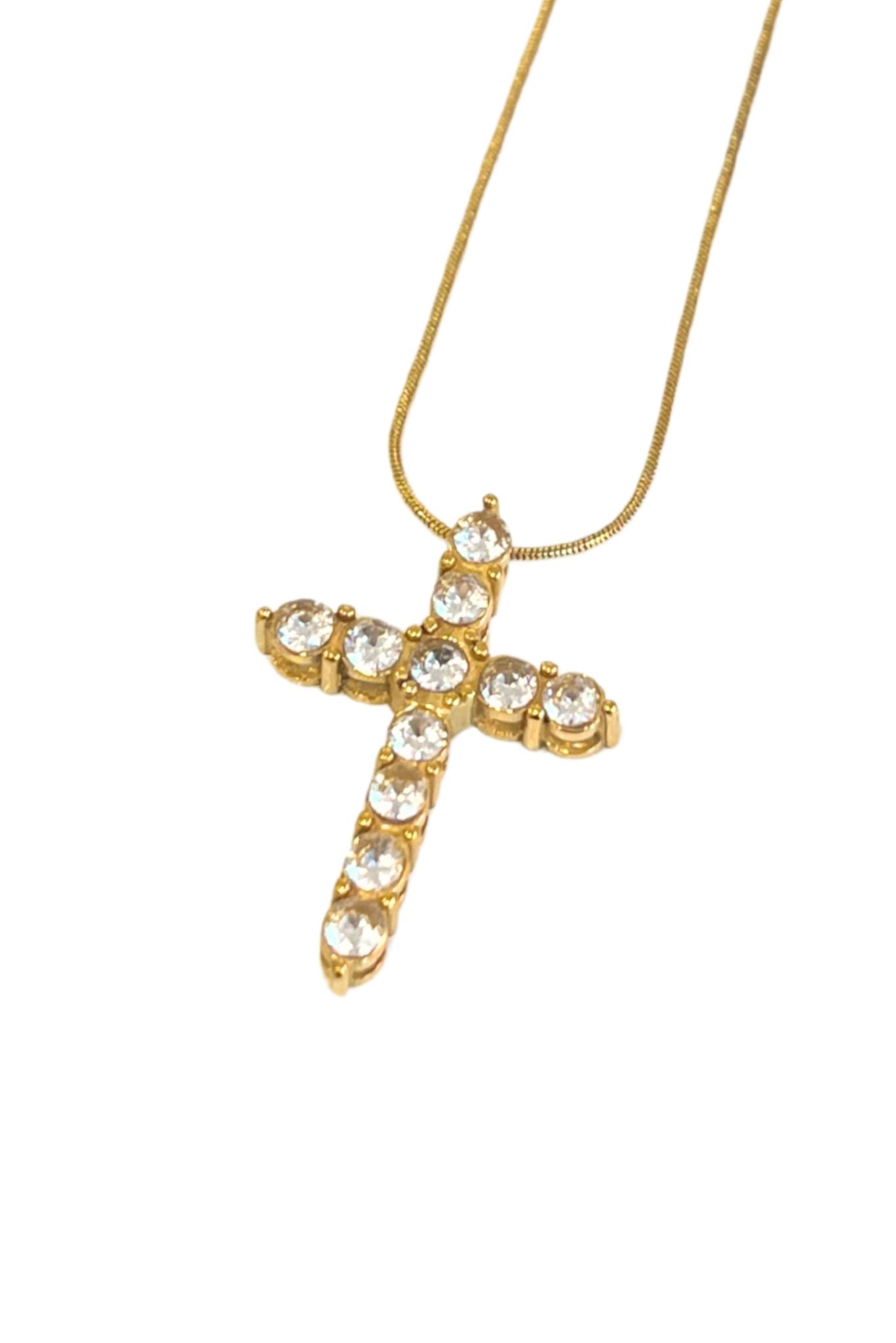 Gold Herringbone Crystal Chunky Cross Charm Necklace