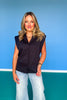 SSYS Audrey Shoulder Pad Cap Sleeve Poplin Button Down Top In Black