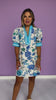 Blue Floral Print Contrast Neck Band Finish Dress
