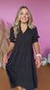 Black Smocked Cuff Short Sleeve Collared Tiered Dress