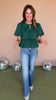 Hunter Green Self Tie Bow Detail Puff Sleeve Peplum Top *FINAL SALE*