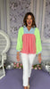 Emily McCarthy Colorblock High Ruffled Collar Notched Neck Long Blouson Sleeve Top