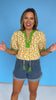 Yellow Floral Print Cross Knot Short Sleeve Top