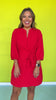 Red Textured V Neck Three Quarter Sleeve Belt Dress